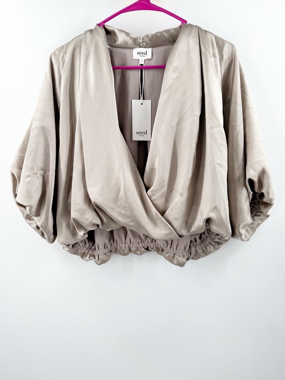 Seed Heritage Blouse Women's SZ 16 NWT evening crop satin draped elasticized hem